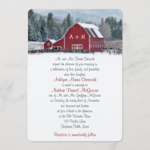 Monogram Red Barn in Winter Wedding Invitation 3 Kaart