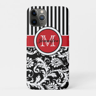 Monogram Red Black White Striped Damask iPhone 11 Pro Hoesje