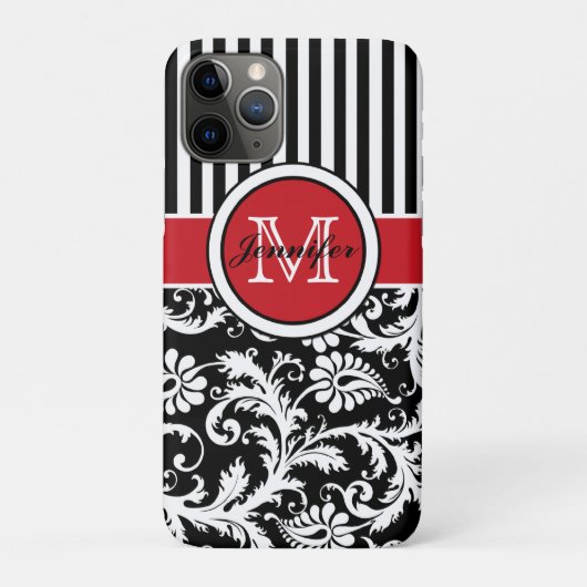 Monogram Red Black White Striped Damask Case-Mate iPhone Case (Achterkant)