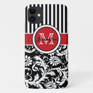 Monogram Red Black White Striped Damask iPhone 11 Hoesje