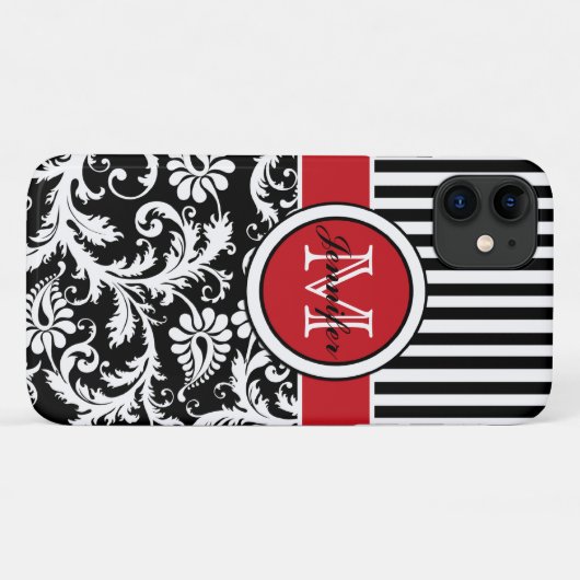 Monogram Red Black White Striped Damask Case-Mate iPhone Case (Achterkant (horizontaal))