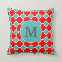 Monogram Red Blauwgroen Quatrefoil Patroon Kussen