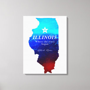Monogram Red Blue Glitter Map of State of Illinois Canvas Afdruk