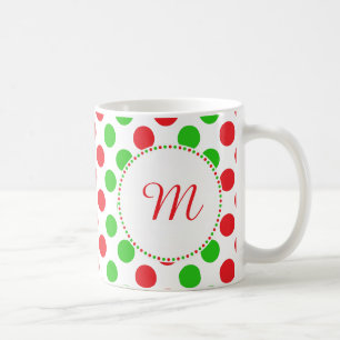 Monogram Red en Green Polka Dot Pattern Kerstmis Koffiemok