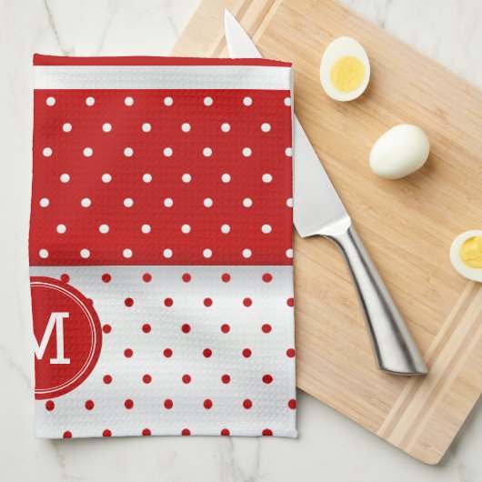 Monogram Red en White Polka Dot Theedoek (Quarter Fold)