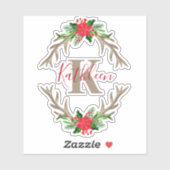 Monogram Red Green Kerstmis Floral Antlers Sticker (Vel)