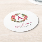 Monogram Red Greenery Pink Wreath Christmas  Ronde Kartonnen Onderzetter (Gebogen)