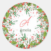 Monogram Red Kerstmis Greenery Classic Round St Ronde Sticker (Voorkant)