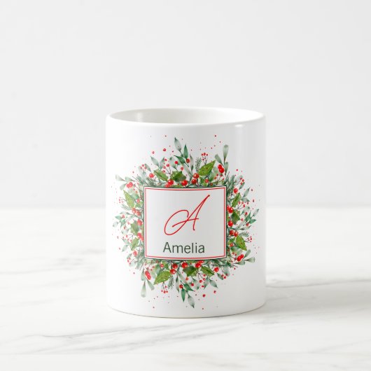 Monogram Red met Kerstmis Greenery Koffiemok (Center)