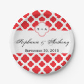 Monogram Red Quatrefoil Pattern Weddenschap Papieren Bordje (Voorkant)