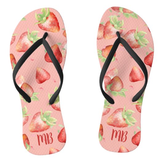 Monogram Red Strawberry Summer Fun Modern Girly Teenslippers (Voetbed)