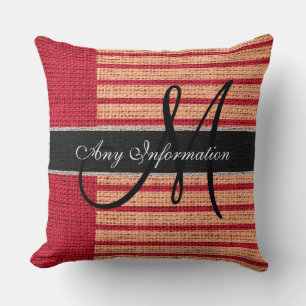 Monogram Red Stripes Burlap Rustic Jute Kussen