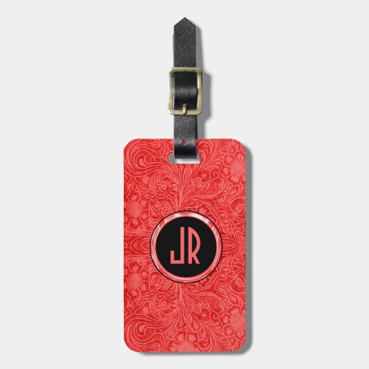 Monogram Red Suede Leather Floral Design Bagagelabel (Voorkant verticaal)