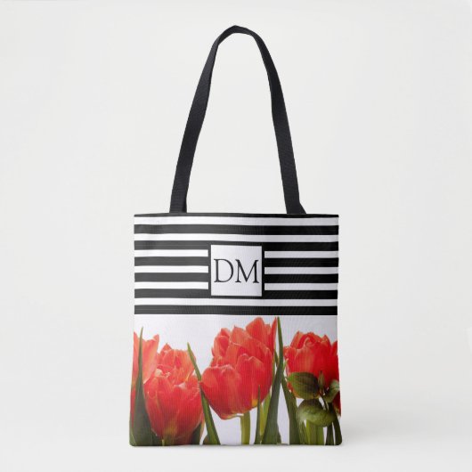 Monogram Red Tulips met zwarte Stripes Canvas tas (Voorkant)