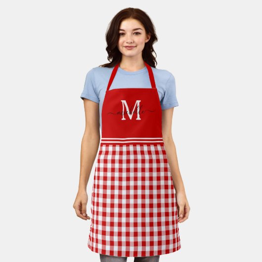 Monogram Red White Gingham Black Naam Schort (Gedragen)