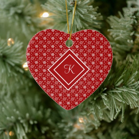 Monogram Red White Snowflake kerstfeestdag Keramisch Ornament (Boom)