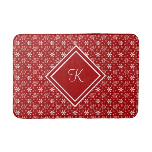 Monogram Red White Snowflake Winter Holiday Badmat (Voorkant)