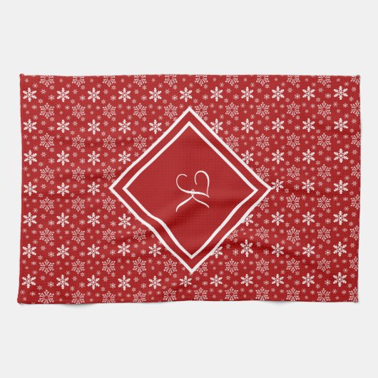 Monogram Red White Snowflake Winter Holiday Theedoek (Horizontaal)