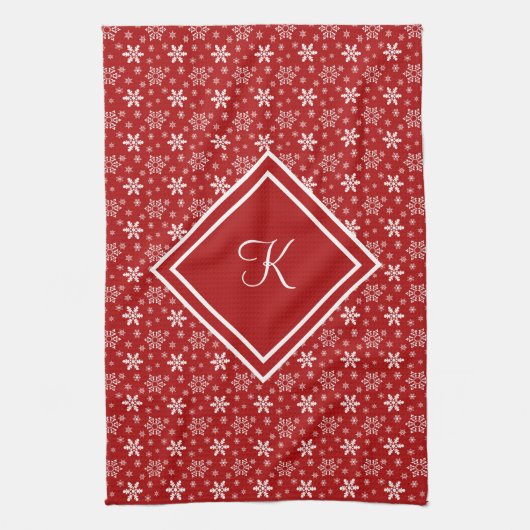 Monogram Red White Snowflake Winter Holiday Theedoek (Verticaal)