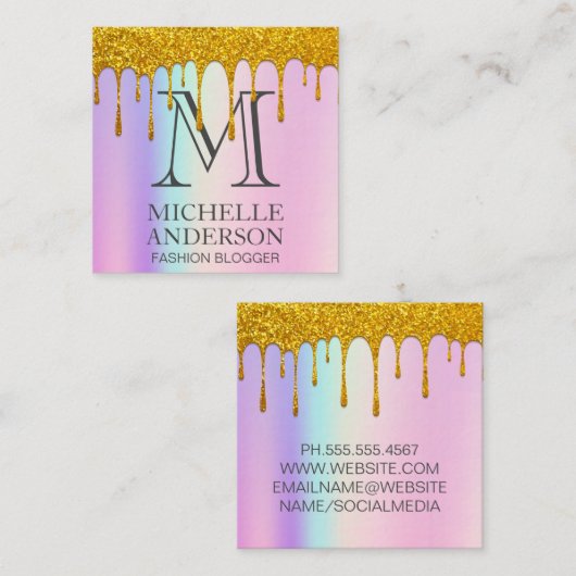Monogram | Regenboogblend | Glitter Drip (goudglit Vierkante Visitekaartje (Voorkant / Achterkant)