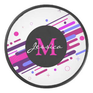 Monogram rendy roze en Paarse geometrische lijnen Hockey Puck