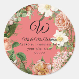 Monogram Retouradres Koraal Ivoor Pioen Roos Bloem Ronde Sticker