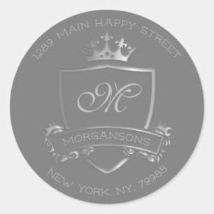 Monogram retouradres Kroon Royal Zilver Grijs Ronde Sticker
