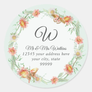 Monogram Retouradres Perzik Mint Koraal Bloem Ronde Sticker