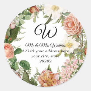 Monogram Retouradres Roze Ivoorkleurige Pioen7 Blo Ronde Sticker