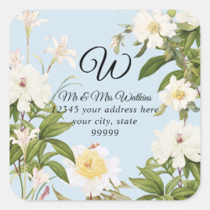 Monogram Retourlabel Blauwe Lelie Roos Pioen Bloem Vierkante Sticker