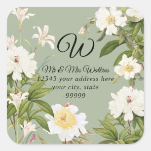 Monogram Retourlabel Sage Lily Roos Peony Floral Vierkante Sticker