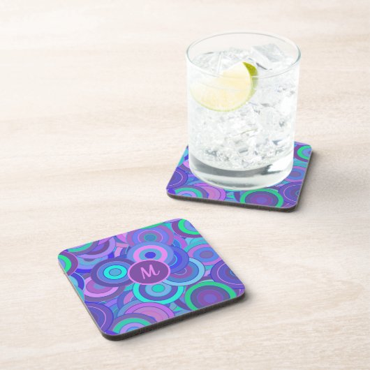 Monogram Retro 60s Psychedelic Circles Pattern Bier Onderzetter (Rechterzijde)