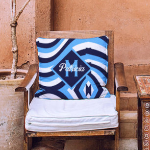 Monogram retro 70s Navy Blue Blauwgroen psychedeli Kussen