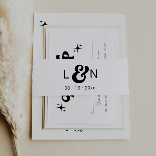 Monogram Retro 70's zwart-wit buikband Uitnodigingen Wikkel