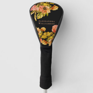Monogram Retro Bloem Boho Zwart Perzik Waterverf Golfheadcover