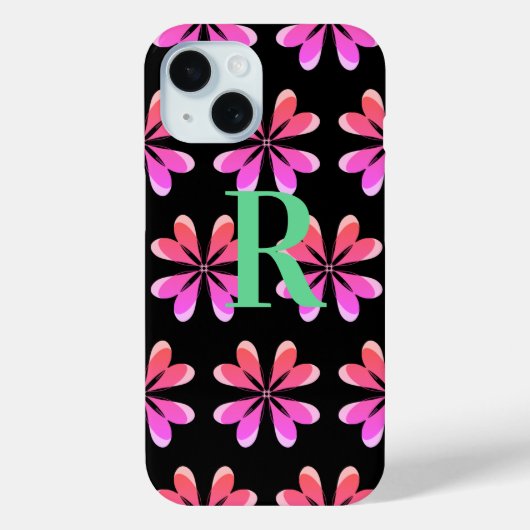 Monogram retro bloemendecor zwart roze Case-Mate iPhone case (Achterkant)