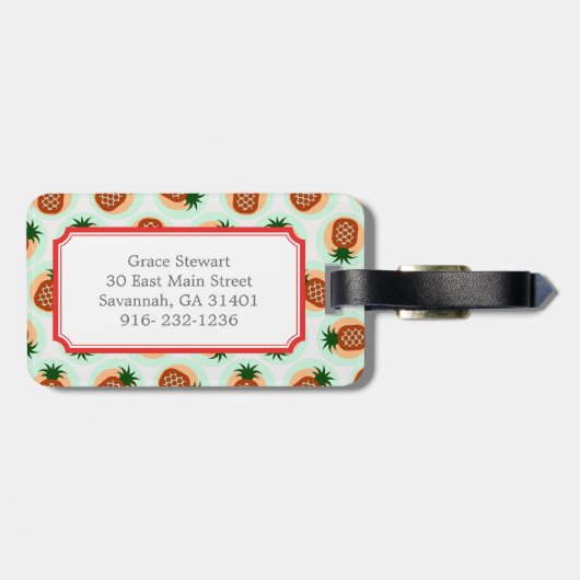 Monogram retro-bruine en anananassapatronen bagagelabel (Achterkant horizontaal)