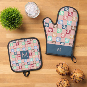 Monogram Retro Checker & Daisy Patroon Stof Roze Ovenwant & Pannenlap Set