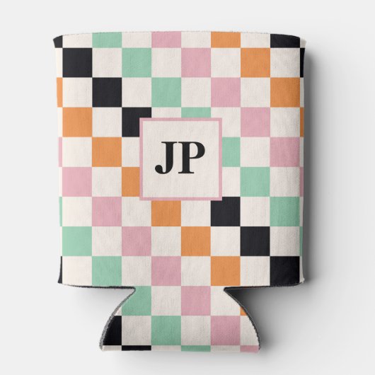 Monogram Retro Checkerboard Aangepast monogram Blikjeskoeler (Achterkant)