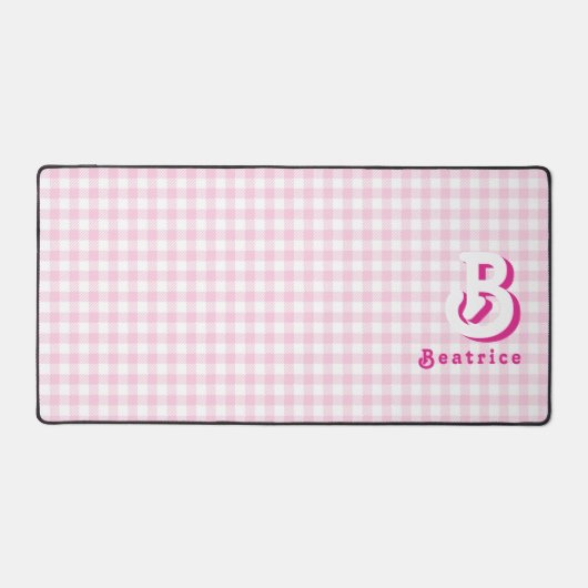 Monogram Retro Elegant Minimaal Roze & Wit Plaid Bureaumat (Voorkant)
