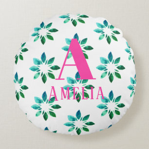 Monogram Retro Floral Waterverf Green Hot Pink Rond Kussen