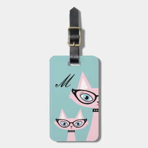 Monogram Retro Roze Kat Bagagelabel
