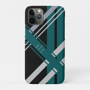 Monogram Retro Stripes Black Grey Green Blauwgroen iPhone 11 Pro Hoesje