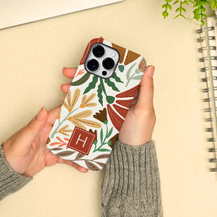 Monogram Retro Terracotta Bloem Boho iPhone 14 Pro Max Hoesje
