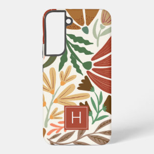 Monogram Retro Terracotta Floral Boho Samsung Galaxy Hoesje