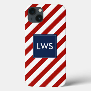 Monogram rode blauwe diagonale strepen iPhone 13 hoesje