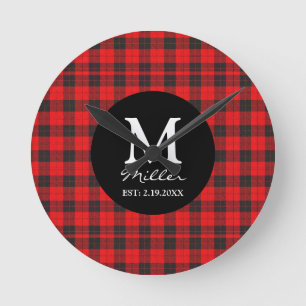 Monogram Rode Buffalo Plaid Ronde Wandklok Klok