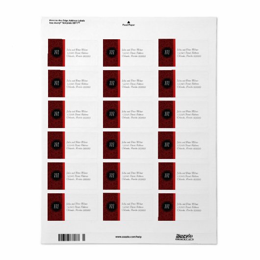 Monogram rode Damask & Red Bow - Adres Label (Full Sheet)