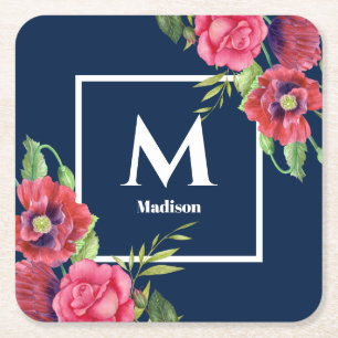 Monogram Rode en Roze Bloemen Donker Marineblauw Vierkante Kartonnen Onderzetter