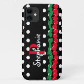 Monogram Rode Kersen Witte Polka Dots Retro Case-Mate iPhone Case (Achterkant)